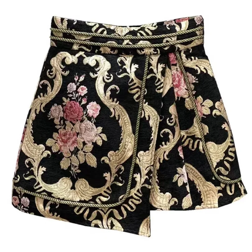 

2023 Autumn Winter New Fashion Palace Style Retro Jacquard Fake Two Piece High Waist A-line Skirt Women's Short Pants Skirt