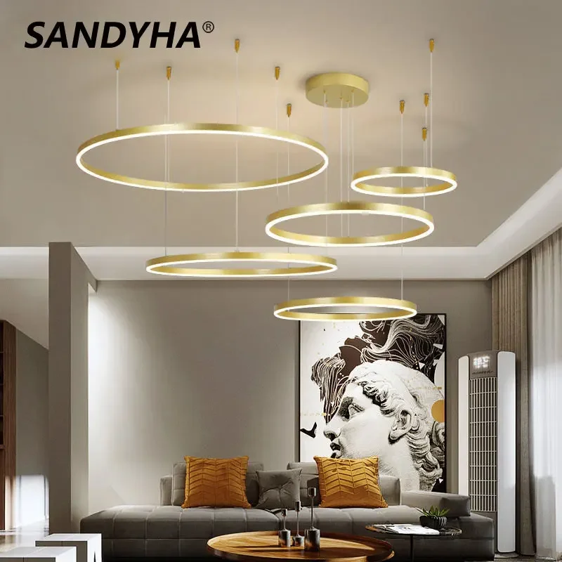 

SANDYHA Modern 5 Ring Led Chandelier for Bedroom Living Room Pendant Lights Lighting Dimmable Gold Black Lamp Suspension Fixture