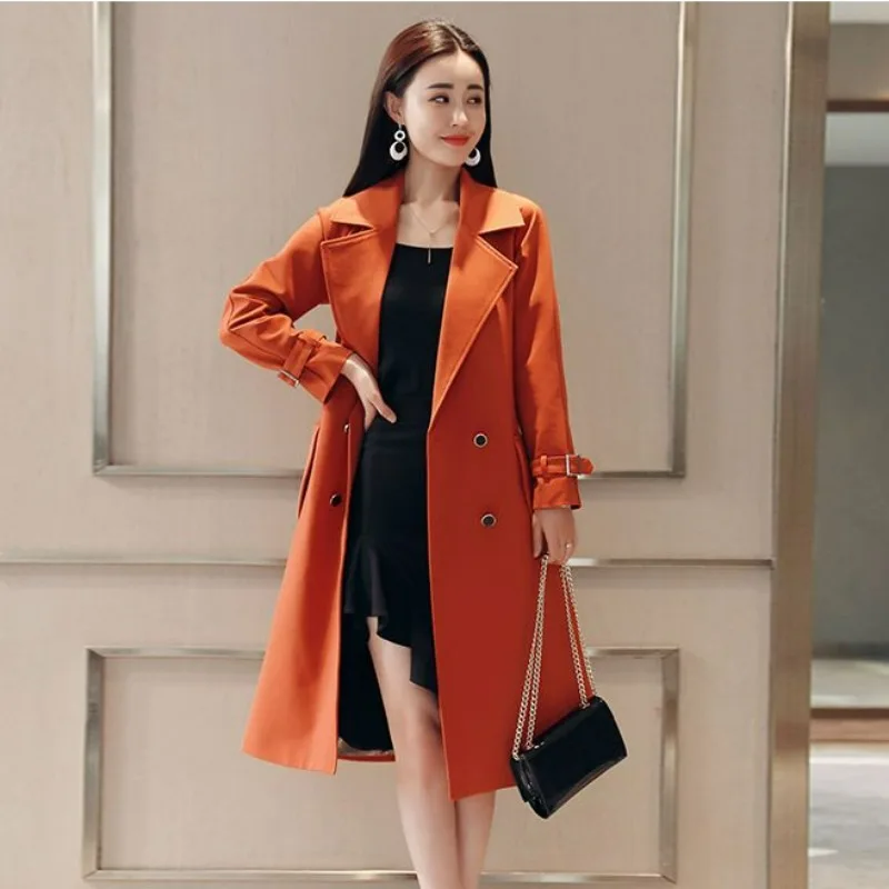 

2023 New Windbreaker Autum Winter Women Lapel Double Breasted Trench Coats Office Long with Belt Lining Korean Fashion Clothing