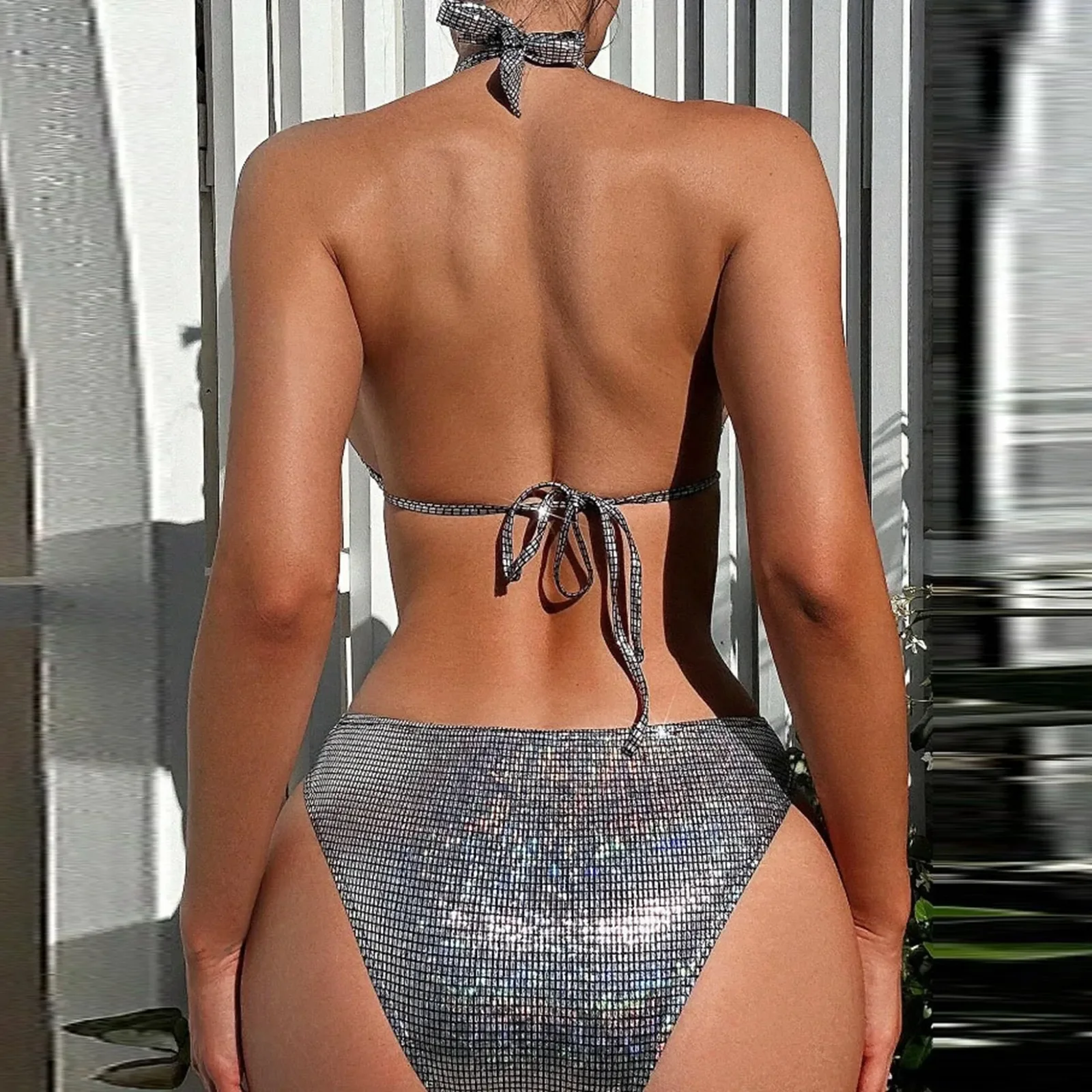 여성 여름 비키니 세트 브라질 여성 실버 반짝이 비키니 반지 수영복 붕대 수영복 수영복 비키니