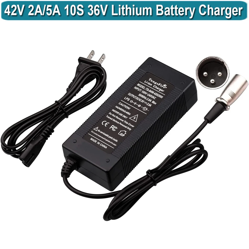 Cargador de batería de litio para motocicleta, adaptador de corriente de 42V, 2A, 5A, 3 pines, XLR, 36V, 10S