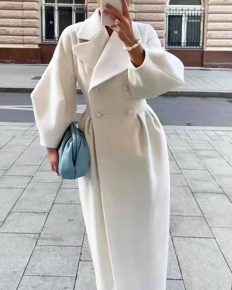 Elegant Solid Woolen Blend Overcoat Women Fashion Thick Lapel Double-Breasted Long Sleeve Jacket 2025 Spring Autumn Lady Outwear