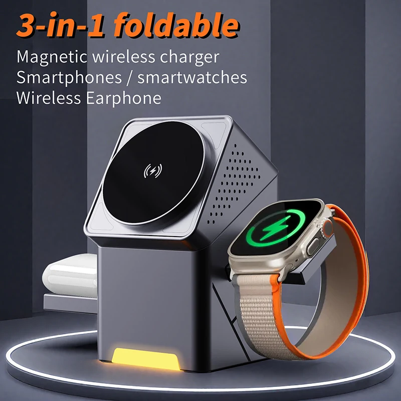 

Three-in-one wireless rotating cube for Apple rotating Magsafe watch charger stand earphones