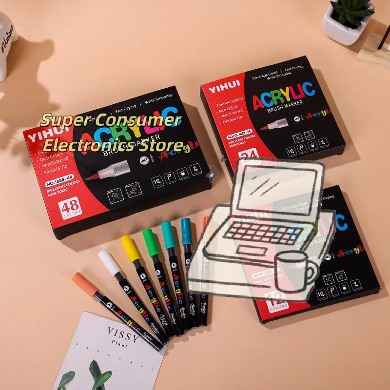 Acrylic Brush Marker Pen Set Kids Friendly 12 Pcs for Toddlers Doodling Early Art Education DIY Crafts