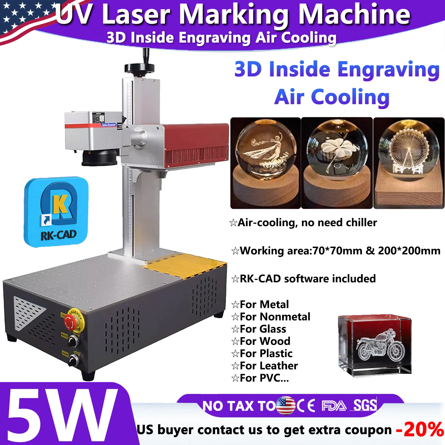 

Портативный 3D-гравер 5 Вт с воздушным охлаждением, УФ-излучением внутри кристалла, электрическим управлением осью Z и высокоточными линзами