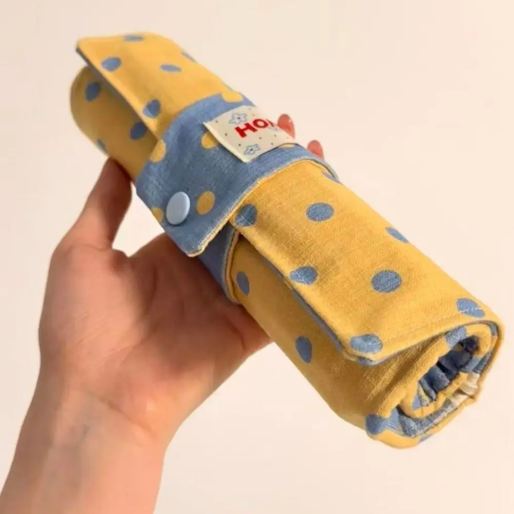 Stylish Polka Dot Makeup Storage Bag Canvas Large Capacity Makeup Brush Bag Portable 10 Slots Makeup Tool Bag Multipurpose