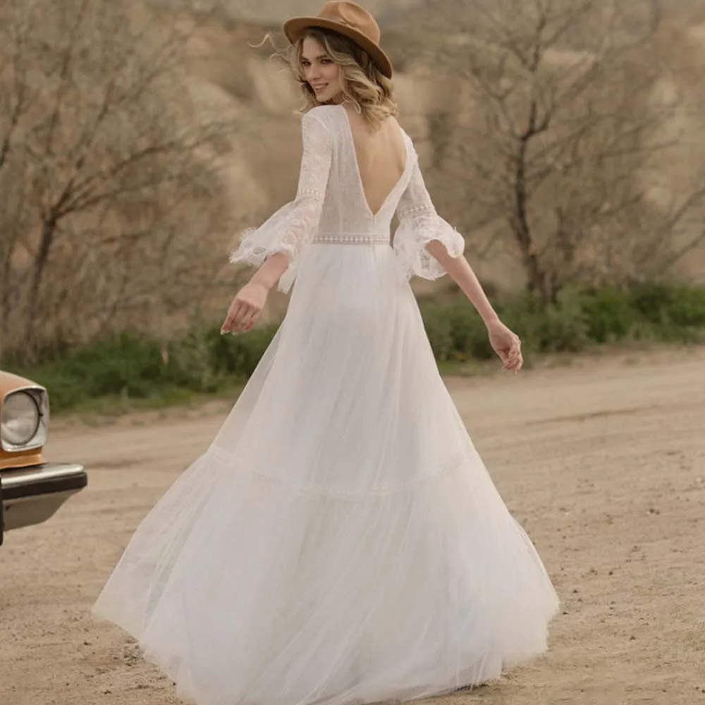 Vestido de novia de ensueño con cuello redondo y Espalda descubierta, Sexy de tul con ilusión vestido de novia, cinturón de manga acampanada, línea A, Vintage