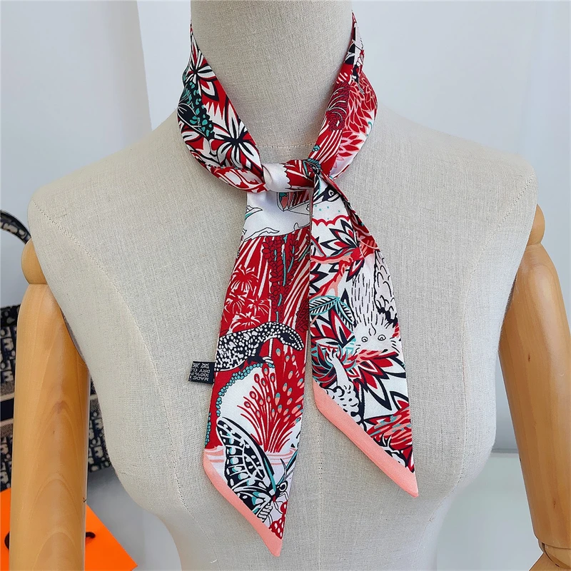 2022 luxo longo lenço de seda feminino animal cavalo impressão fina estreito lenço saco fita de cabelo scarfs mulheres neckerchief