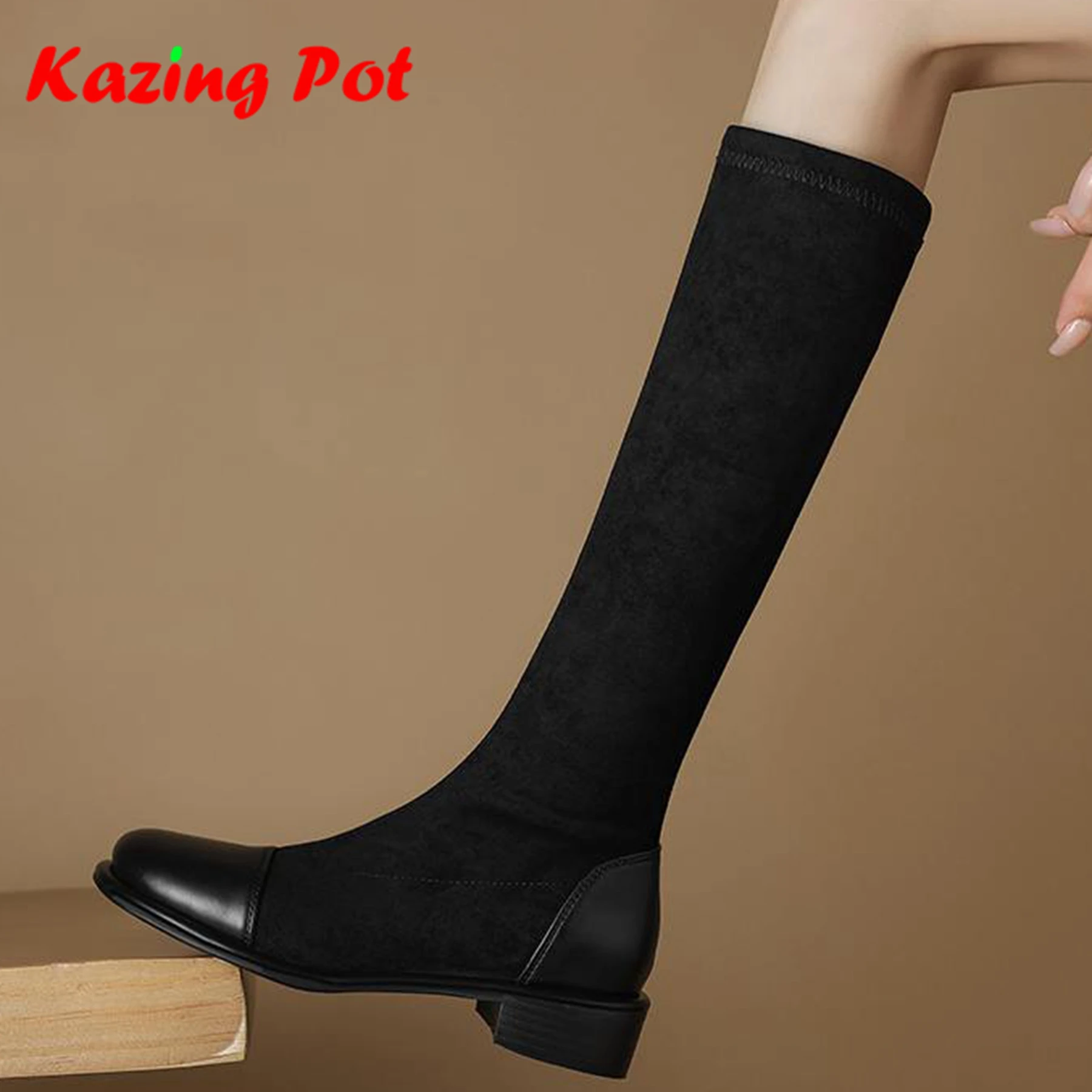 

Сапоги Krazing Pot из микрофибры с квадратным носком и толстым каблуком, большие размеры 43, сапоги для верховой езды с нашивкой в британском стиле, школьные высокие сапоги без шнуровки до бедра