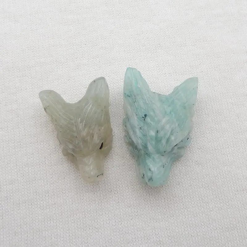 2Pcs Natural Stone Amazonite Handmade Animal Wolf Head Pendant Beads 27x17x12mm 24x17x10mm 9g