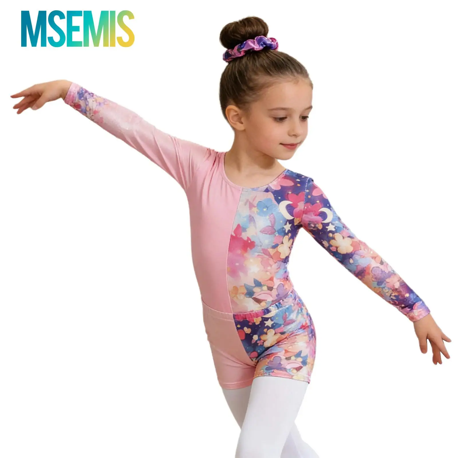 

Kids Girls Gymnastics Ballet Dance Outfit Performance Costume Long Sleeve Printed Leotard with Metallic Shorts And Hair Band