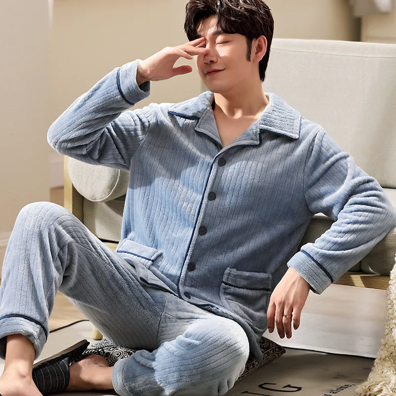 

New Pajamas Men's Long-sleeved Facecloth Warm Pajamas Youth Big Yards Loose Solid Color Homewear Suit Gentleman Casual Wear