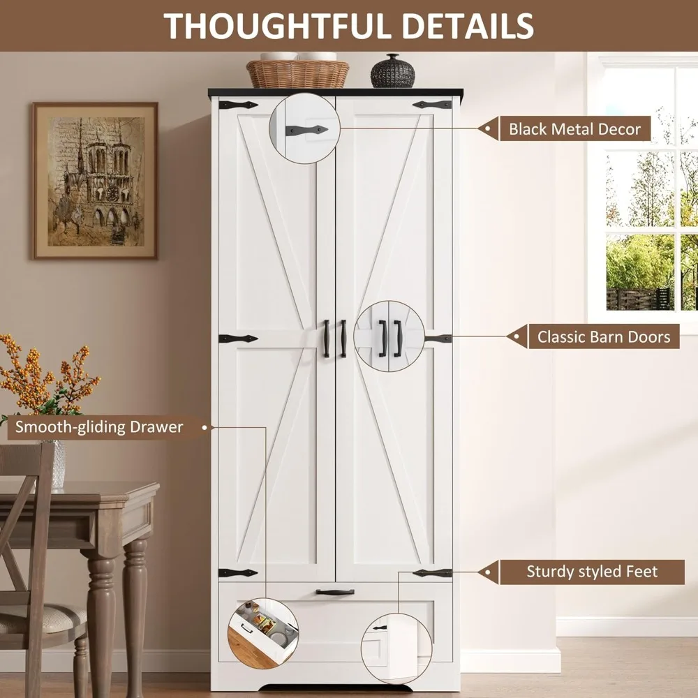 خزانة تخزين مخزن المطبخ مع أبواب الحظيرة، ودرج وأرفف قابلة للتعديل، وخزانة خزانة خشبية ريفية طويلة من 4 طبقات للمطبخ #5