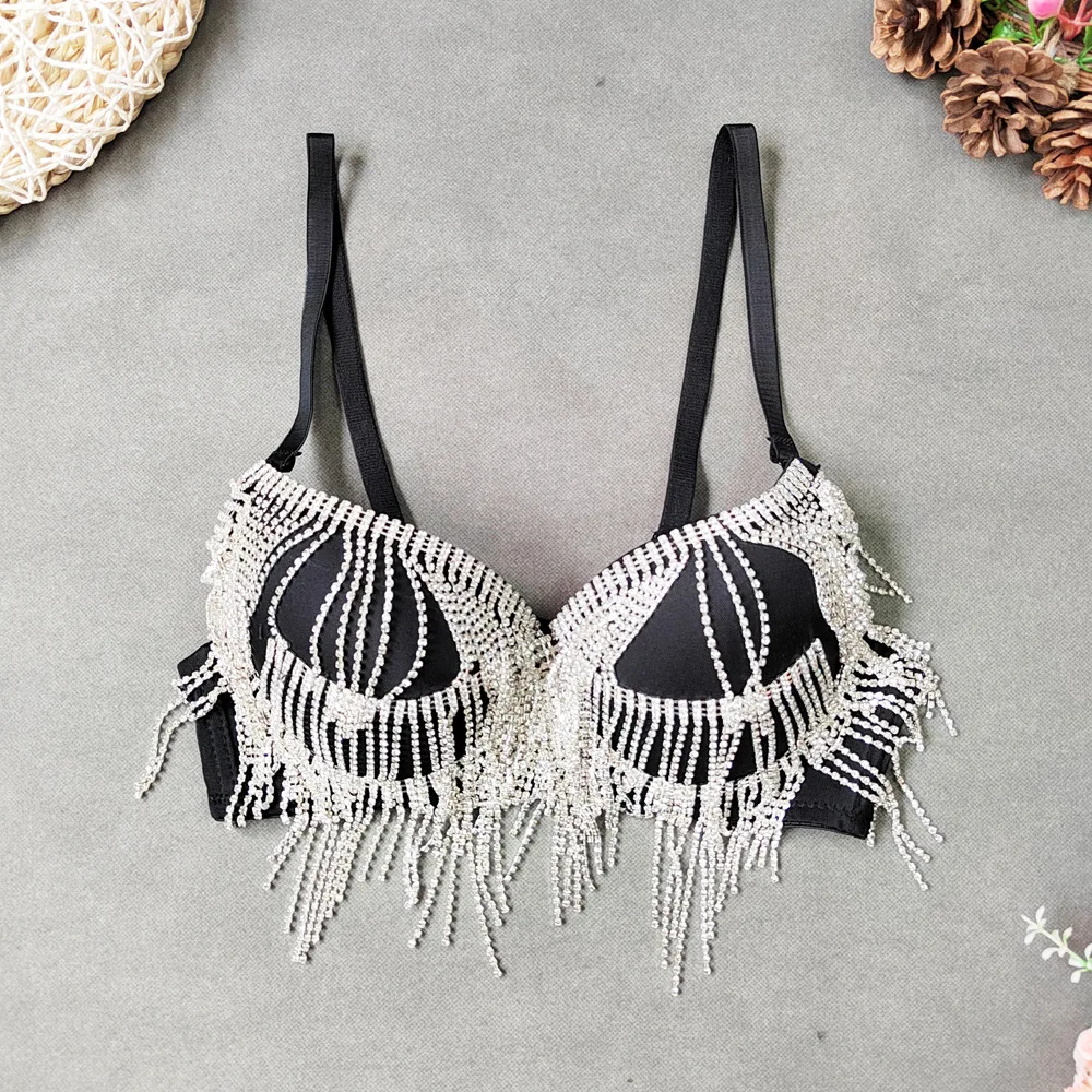

New Style Rhinestone Tassel Beaded Slim-Fit Bra Nightclub Sexy Wrap-Around Top Thin Top And Thick Bottom Small Bust Bra