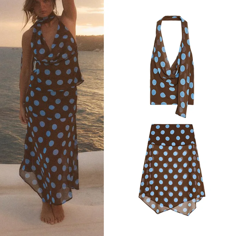

Summer Thin Scarf Polka Dot Hanging Ne Collar Top Asymmetric Midi Skirt ort Sve V-ne Two-piece Set Faionable Women...
