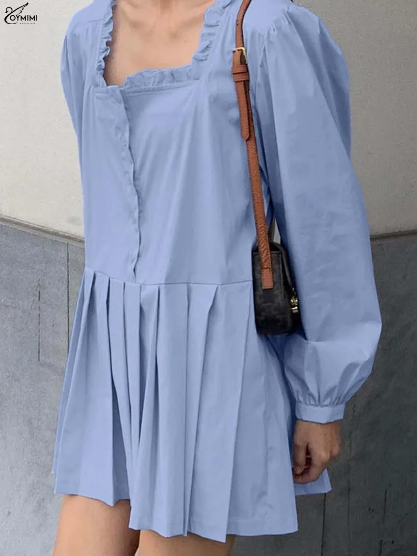 

Oymimi Elegant Blue Cotton Womens Dresses Fashion Square Neck Ruffled Long Sleeve Dresses Casual New Button Pleated Mini Dress