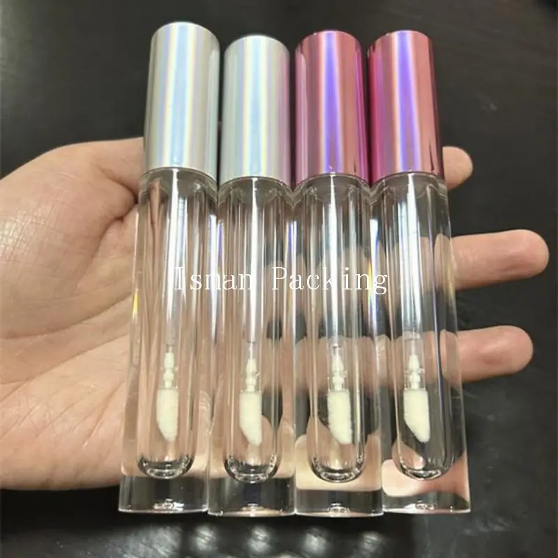 50pcs Holographic Pink Sliver Lid 4ml Lip Oil Container Unique Lipstick Empty Glitter Lip Gloss Packaging Tubes With Wands Brush