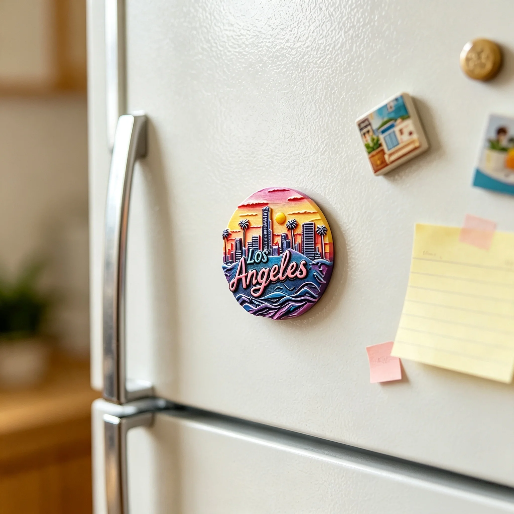 3D Embossed Los Angeles Sunset Fridge Magnet Resin Souvenir Magnet California City Skyline Palm Tree Wave Design Travel Gift