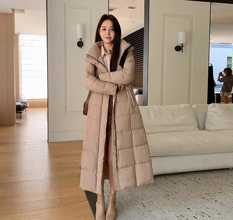 冬のレディースロングパファーアウター厚手フード付きダウンコート女性用軽量薄手ホワイトダックジャケットパーカー