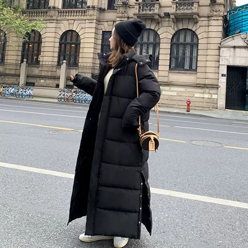 2023 Winter Down Cotton Jackets Womens Clothing Side Button Long Parkas Hooded Warm Winter Coats Female Black Overcoats fp435