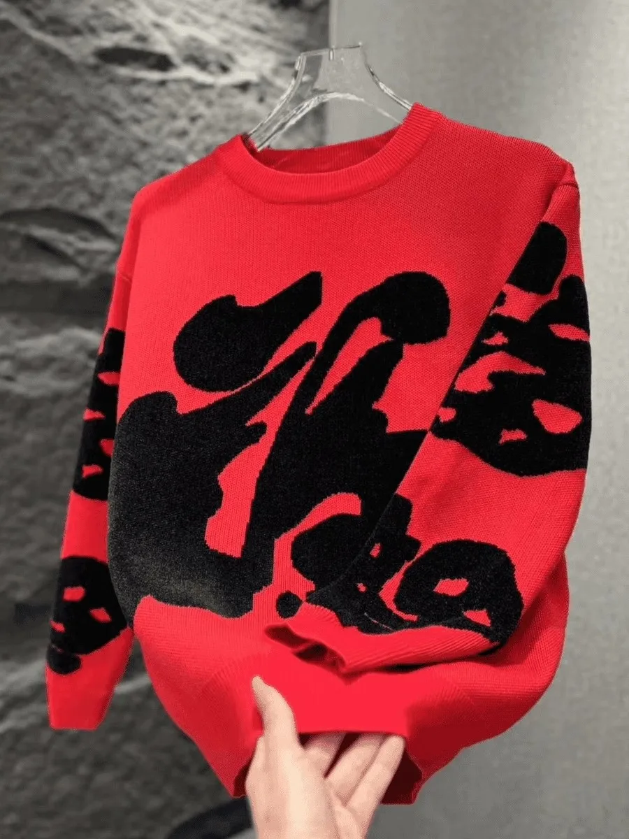 

Мужской повседневный вязаный свитер с круглым вырезом, праздничный, к Новому году, с персонажем Луи, красный, из полиэфирного волокна, мягкий, удобный, длинный рукав