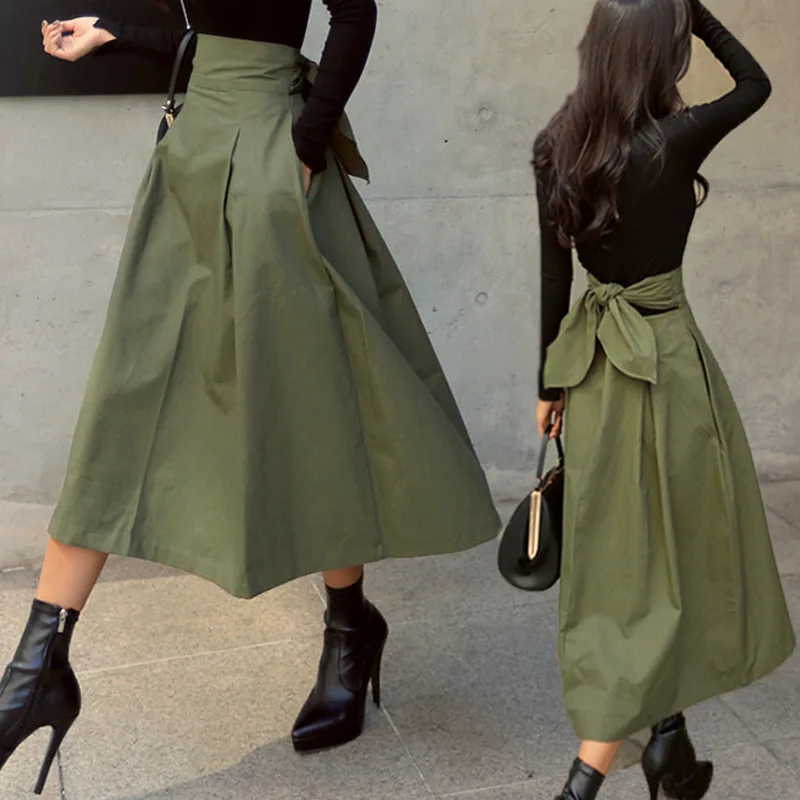 Korean Style A-Line Skirt Spring Autumn High Waist Belted Maxi Skirt with Bow Detail Women's Fashion Half-length Skirts