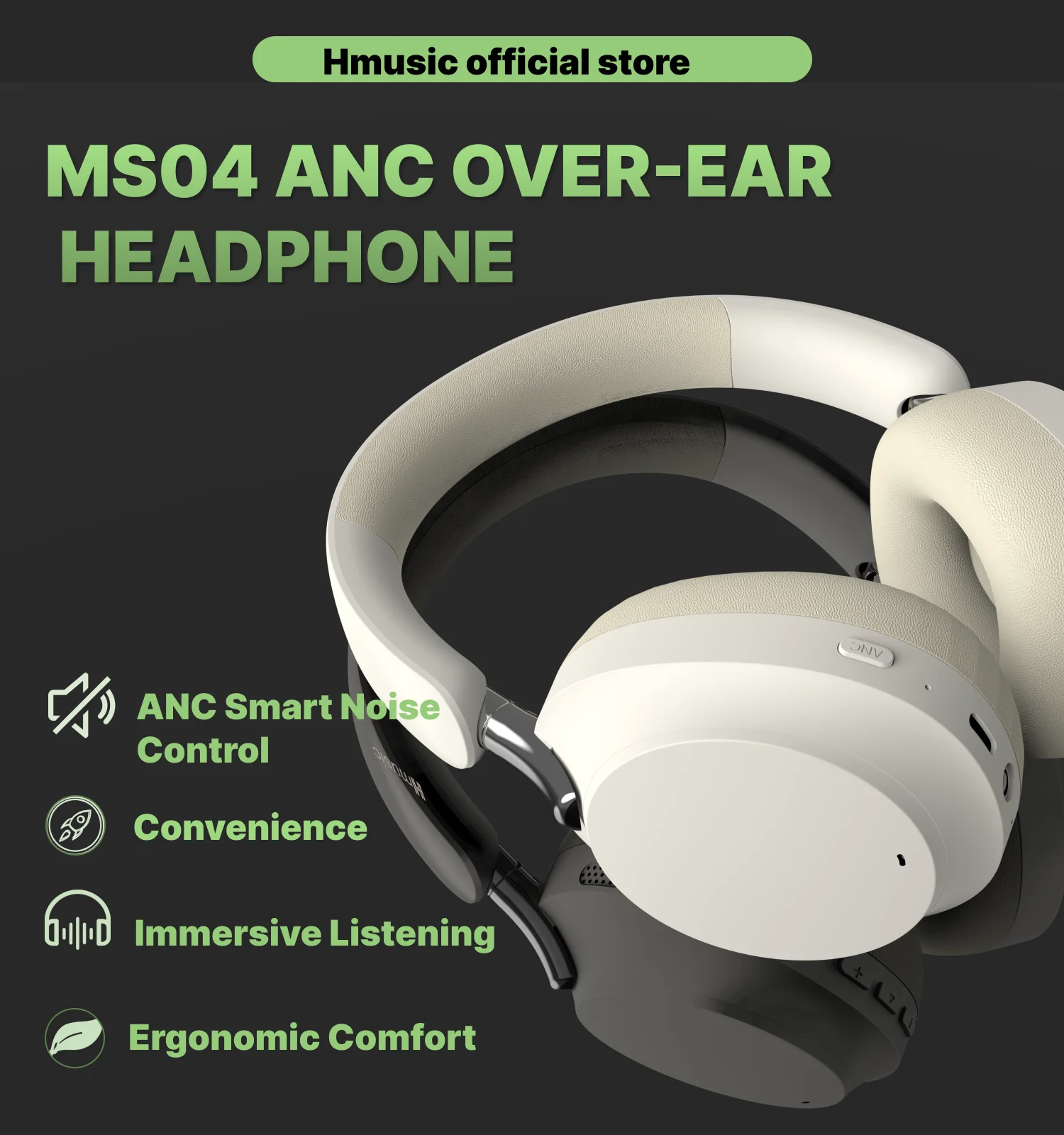 Hmusic MS04 Foldable ANC Over-Ear Bluetooth Headphones Hi-Res Audio Clear Calls 80H Play Ultra-Soft Memory Foam for Work & Trave