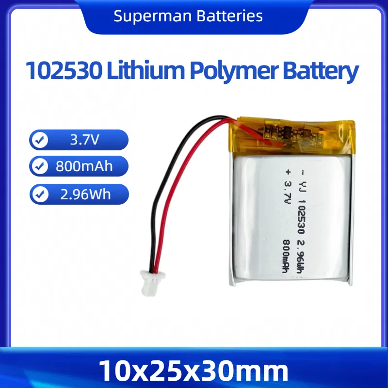 102530 Rechargeable Lithium Polymer Battery 3.7V 800mAh 2.96Wh High Capacity Long-Lasting Power Cell 955565 115570 104050 903659