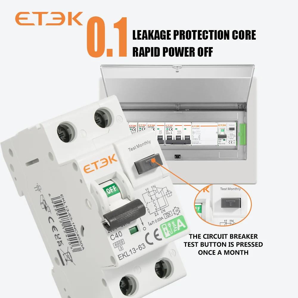 ETEK Residual Automatic Circuit Breaker RCBO Type A Curve C 30mA 40A 1P N With Over Current Leakage Protection 6KA RCD EKL13
