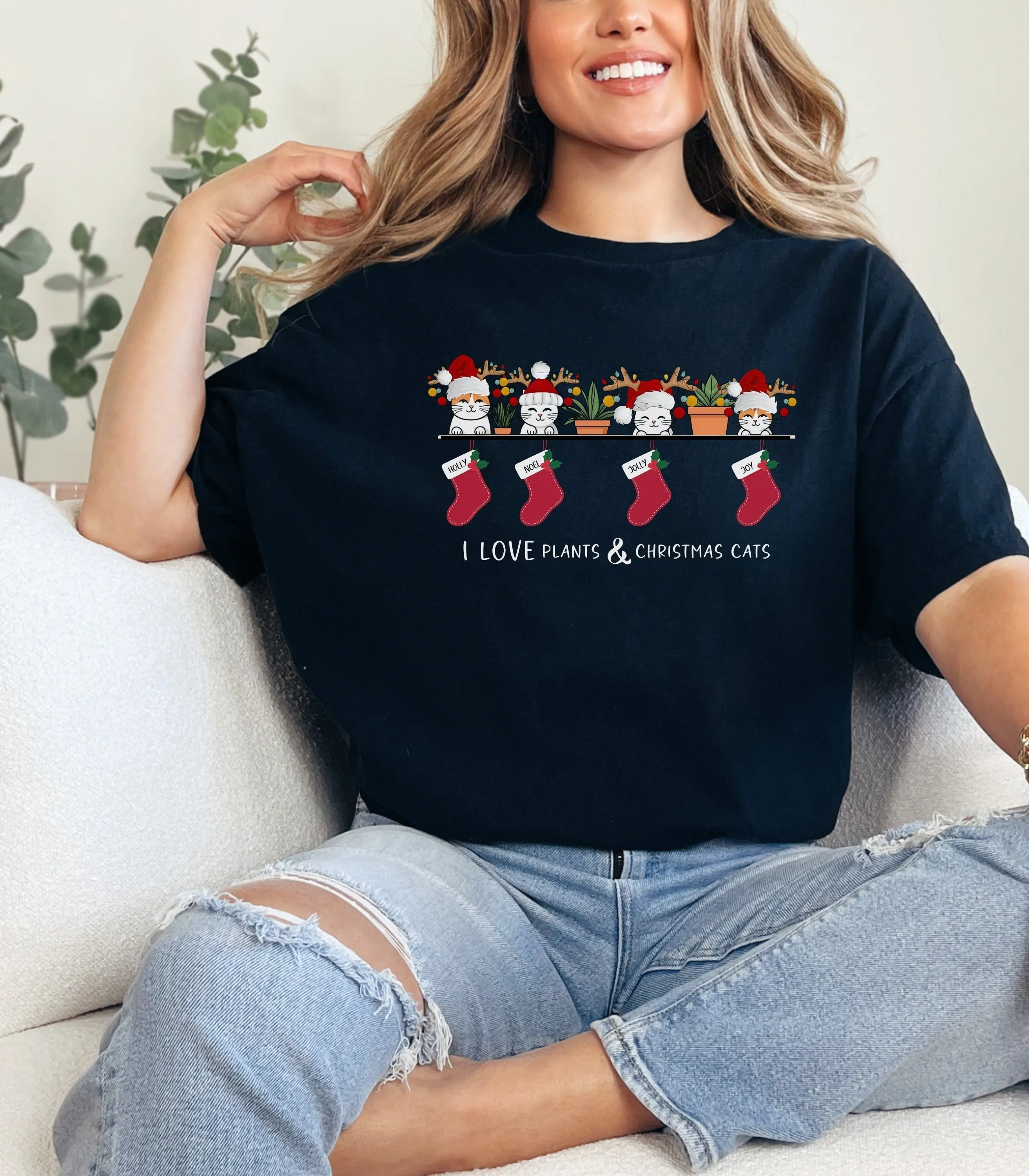 Christmas Cat Plant T Shirt Holiday Houseplants And Cats Cotton Is Perfect For Lovers