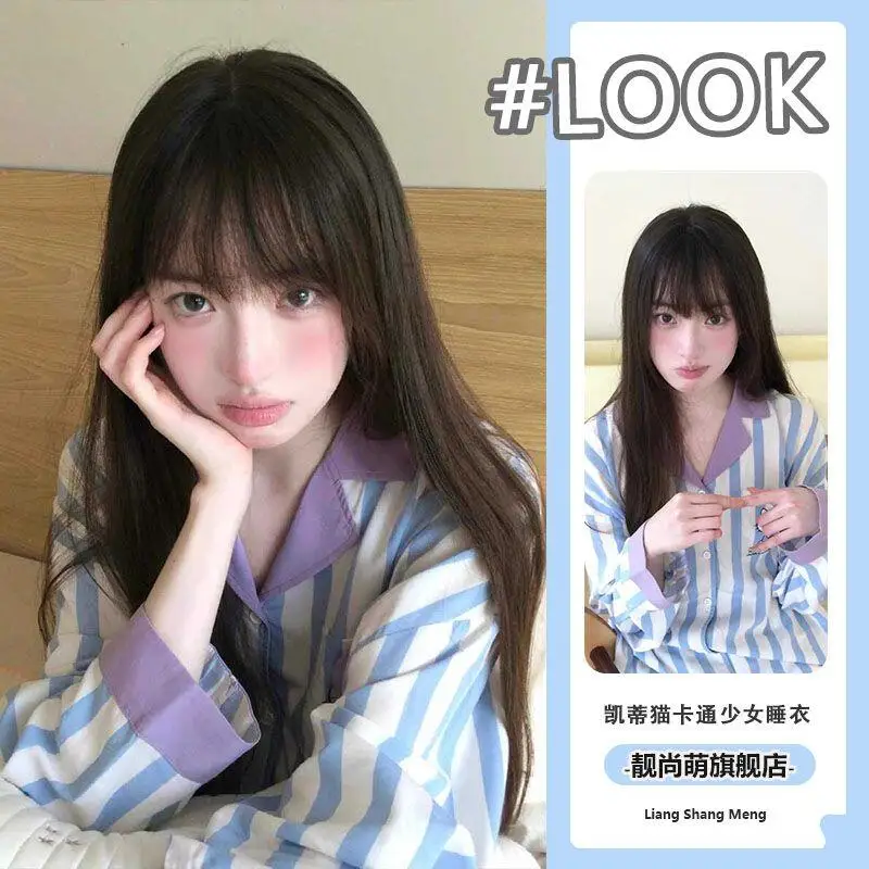 

Sanrio New Pajamas Set Hello Kitty Cartoon Cute Stripe Pajamas Female Spring Autumn New Leisure Home Clothing Set Couple Suit