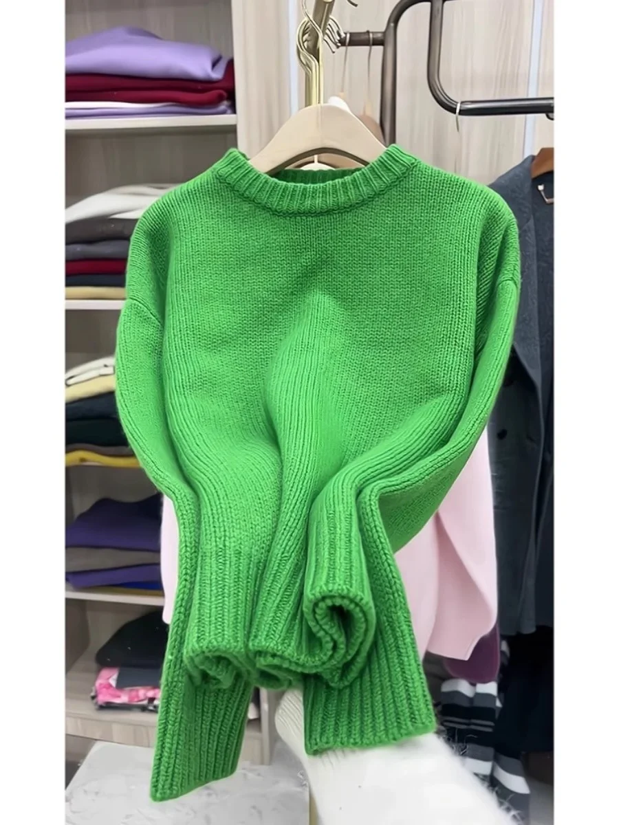

Свободный комфортный женский свитер с круглым вырезом, весна 2024, новый стиль, мягкий, уютный, в европейском стиле, зеленый цвет