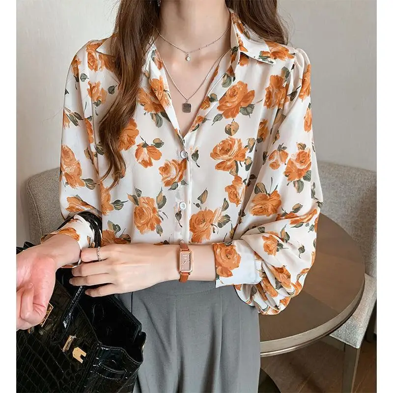 Womens Trendy Vintage Floral Print Button Up Shirt Spring Autumn Korean Elegant Chic Blouse Long Sleeve Loose Tops Casual Blusas