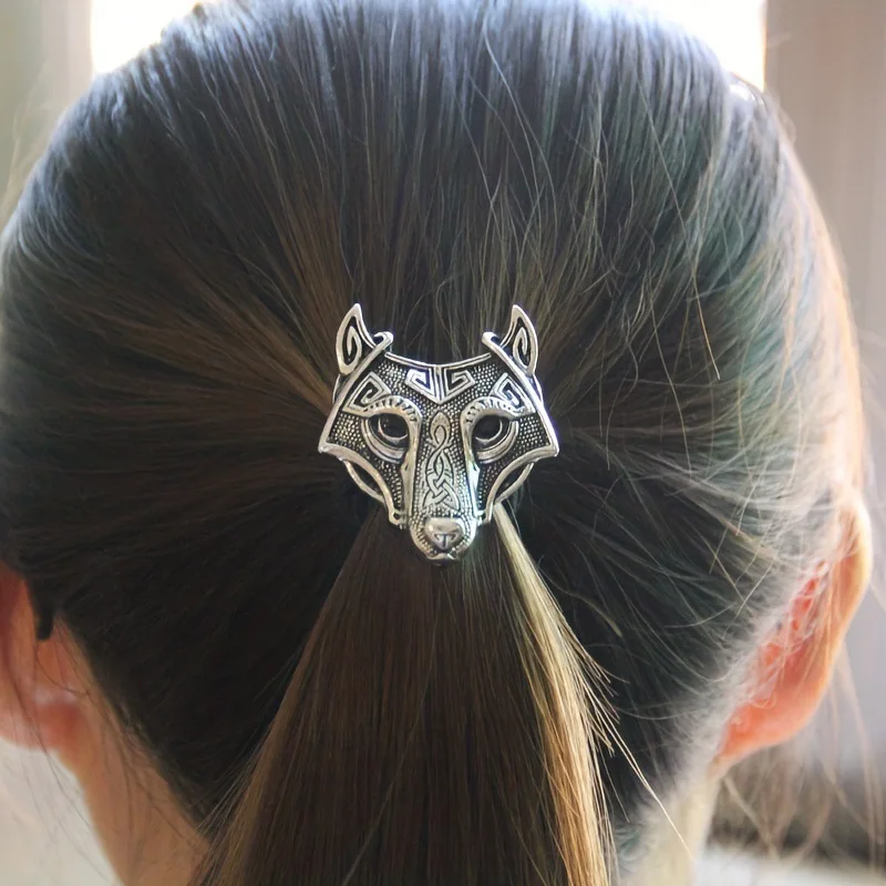 Ancient Viking Wolf Hair Ties For Women Antique Silver Metal Animal Head Elastic Head Bands Party Role-playing Hair Accessories