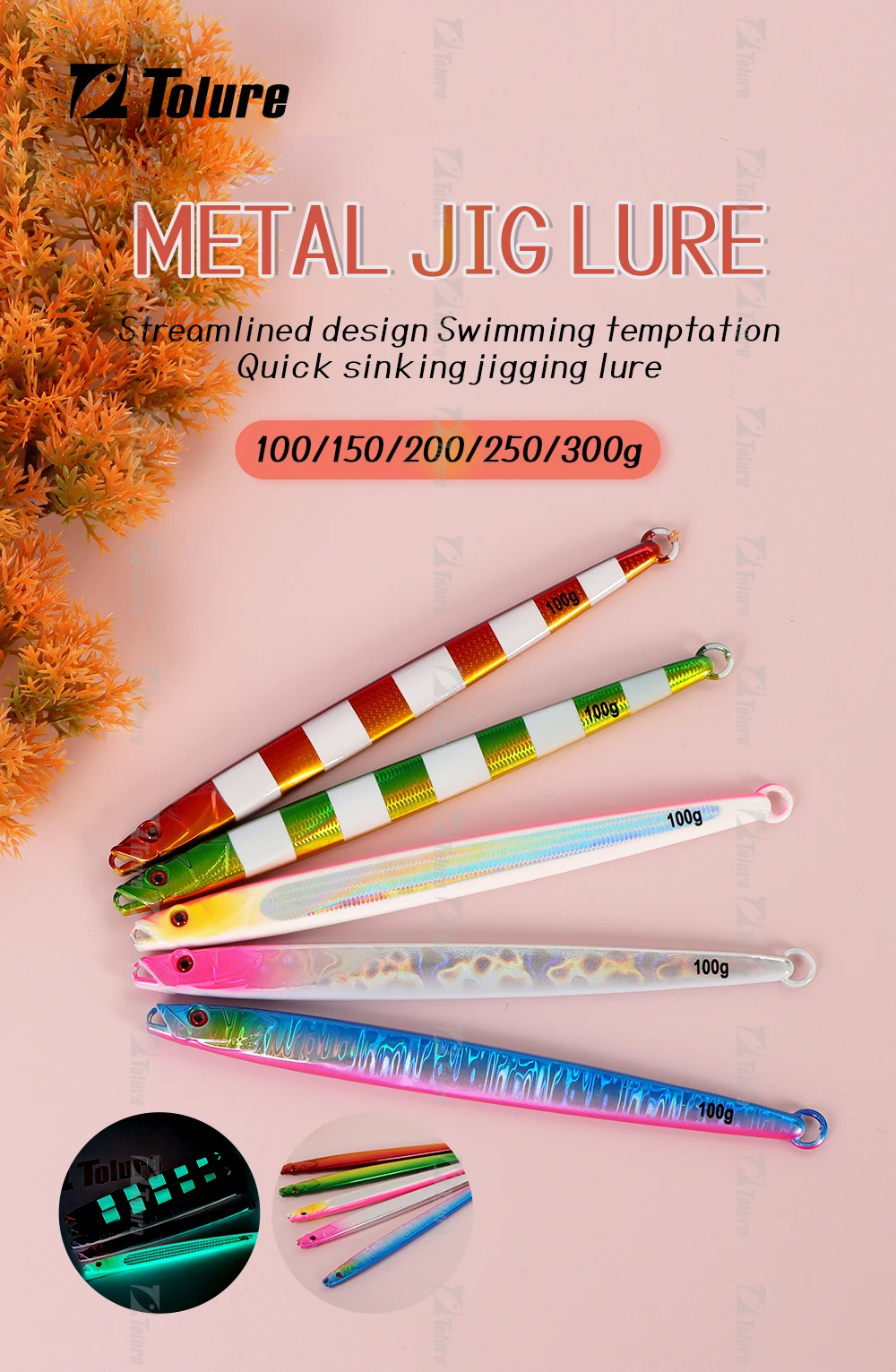 TOLU NEUE schnell sinkende Metall-Jig 100 g, 150 g, 180 g, 200 g, 250 g, 300 g, langer Wurf, schnell sinkende Herbst-Jigs, Salzwasser-Tiefsee-Angelköder – Detail 1