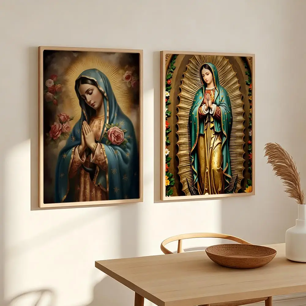 Retro Lady of Guadalupe Painting Calligraphy Gallery-Quality Canvas Art Poster Chic Neutral Wall Painting for Home Decor