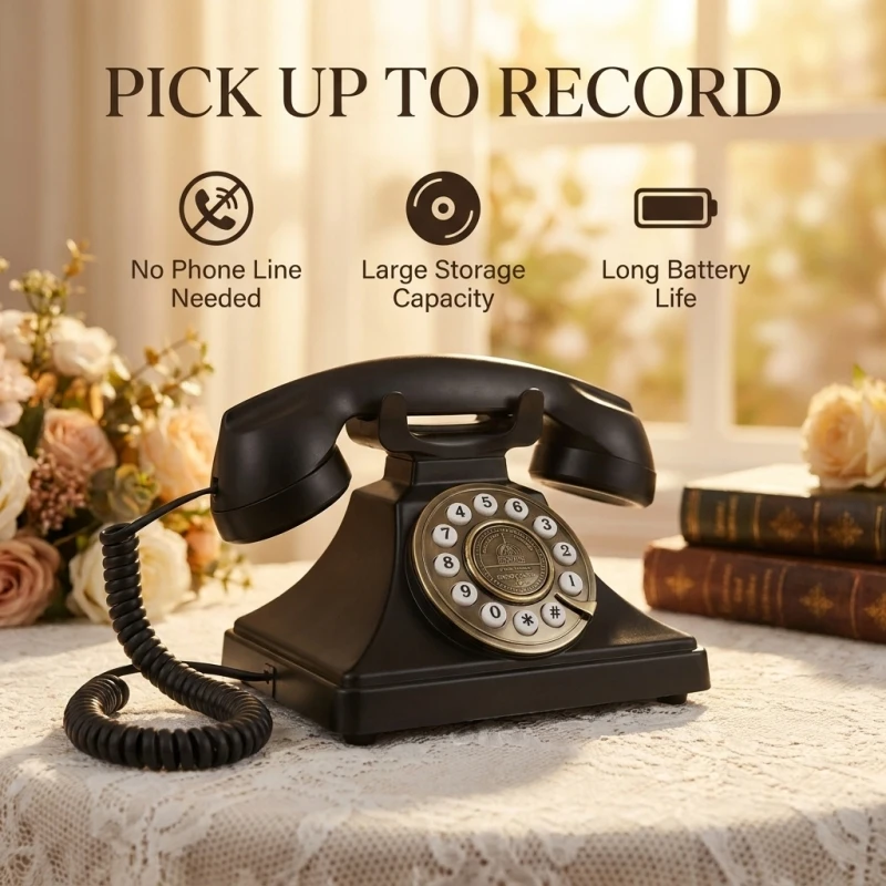 Wedding Audio Guest Book, Vintage Push-Button Voice Recorder Phone with Storage & Rechargeable Battery, Ideal for Weddings, Birt