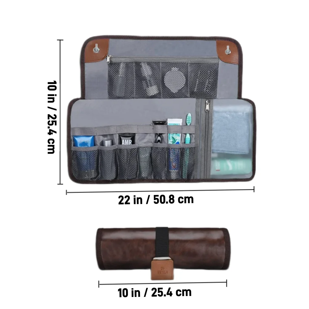 Travel Toiletry Bag for men, PU Leather Water Resistant  Universal Personal Hygiene Bag Roll Up Dopp Kit,Travel Essentials