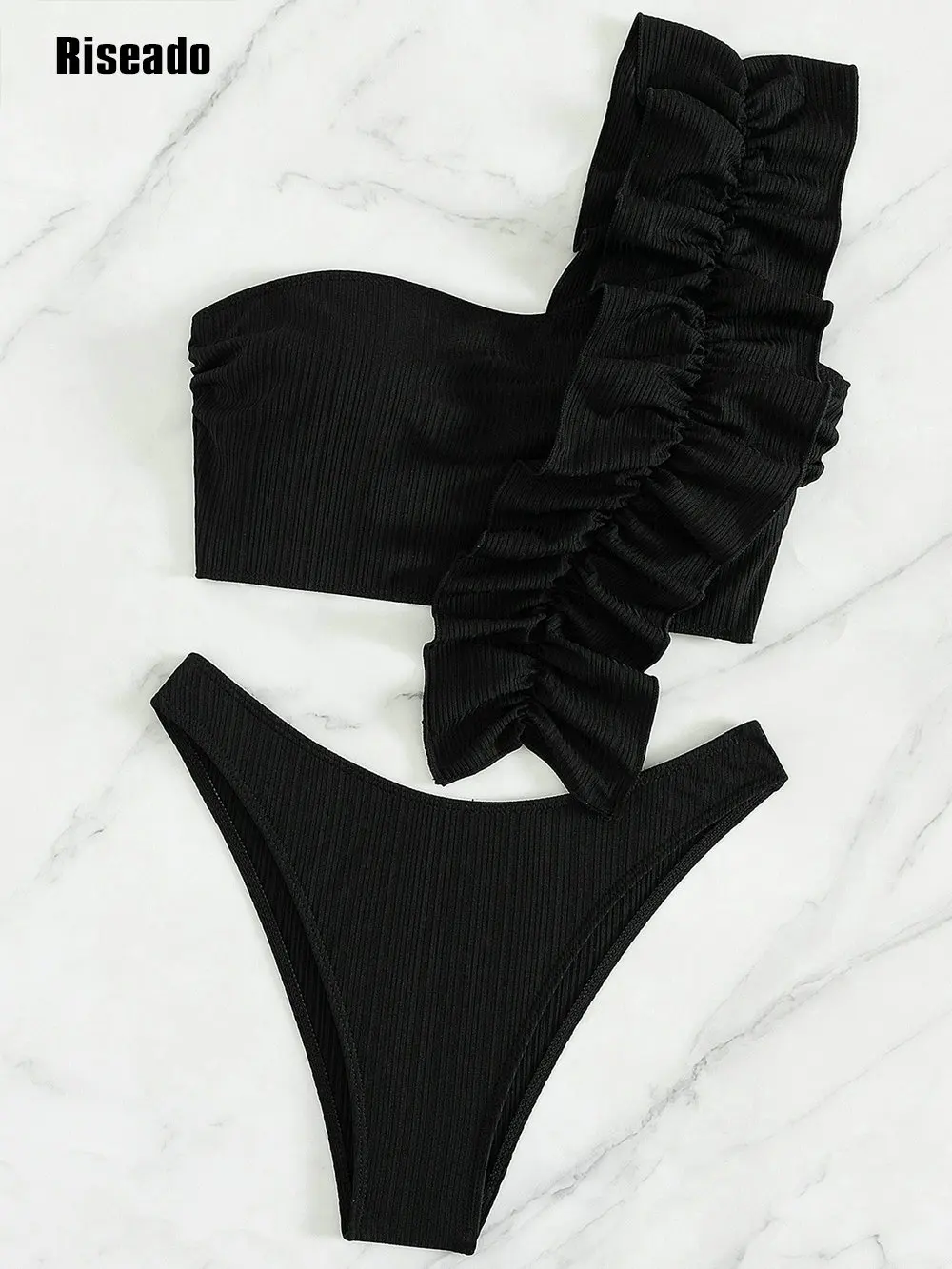 ผู้หญิงหนึ่งไหล่ Ruffle ชุดบิกินี่ 2 ชิ้น Ruched ชุดว่ายน้ํา Elegant ชุดว่ายน้ําสีดํา