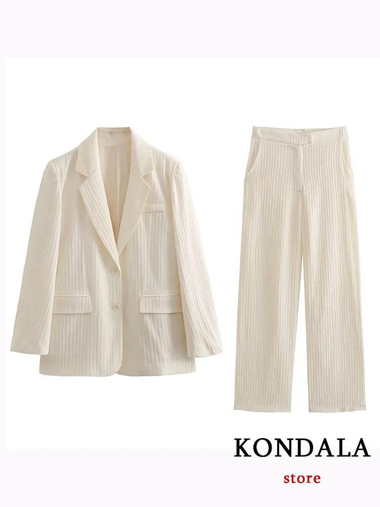 KONDALA Casual Women Suit Stripe V Neck Single Breasted Pockets Blazer Straight Loose Pants Fashion 2023 Autumn Office Lady Sets