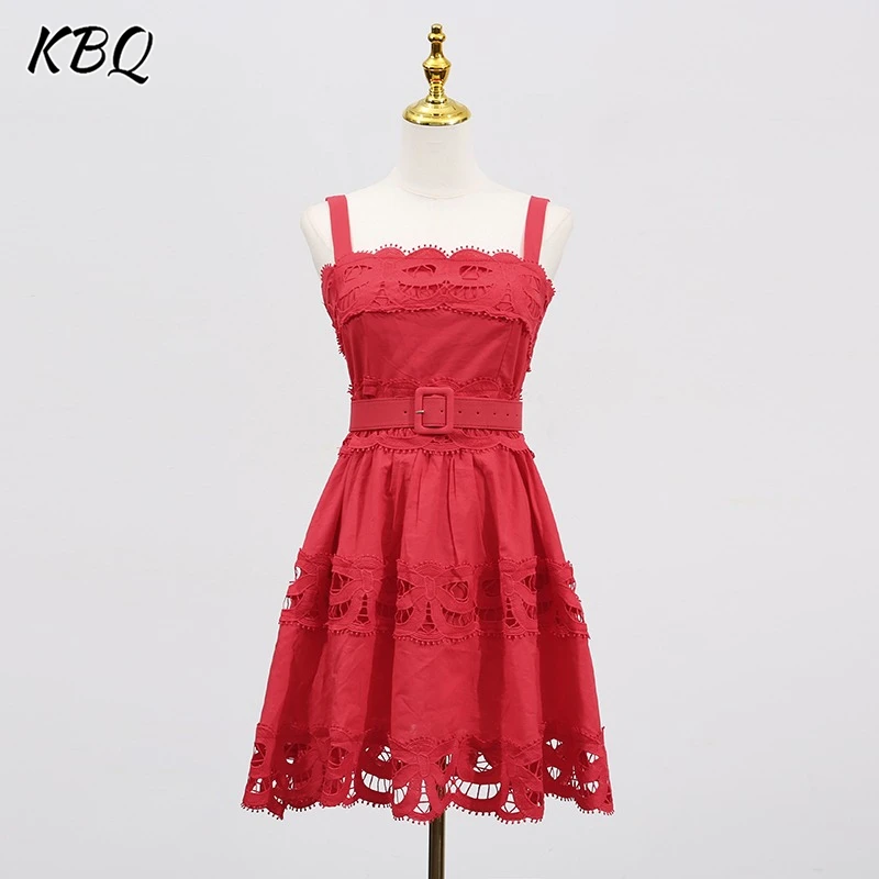

KBQ Solid Elegant Hollow Out Tunic Mini Dress for Women Square Collar High Waist Spliced Belt Temperament Backless Dress Female