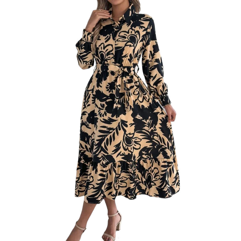 خريف جديد أزياء المرأة المطبوعة التلبيب الدانتيل متابعة قميص فساتين الربيع مكتب سيدة أنيقة زر ألف خط كم طويل فستان طويل