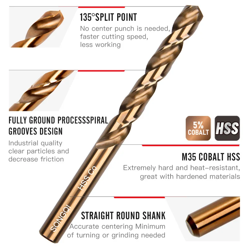 SONGQI  HSS M35 DIN 338 Full Ground Coated Twist Drill Bits Precision Metal Cutting Tools