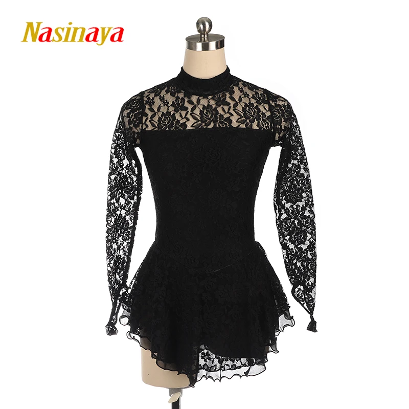 Figure Skating Costume Dress Ice Skating Skirt for Girl Women Kids Black lace Long sleeve Customized Competition Gymnastics