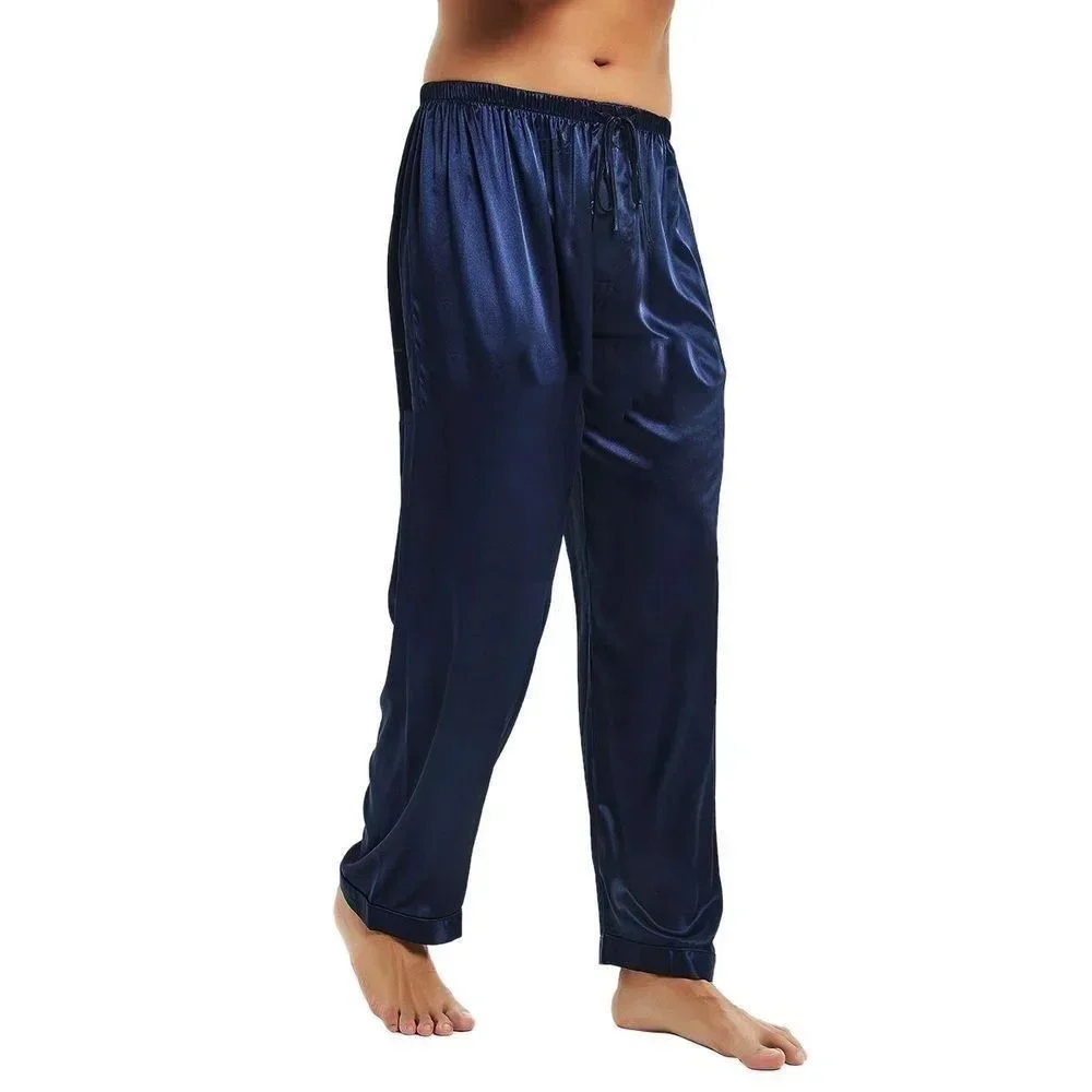 Imitado seda cetim masculino cor sólida respirável macio sleep bottoms pijamas calças pijamas roupas