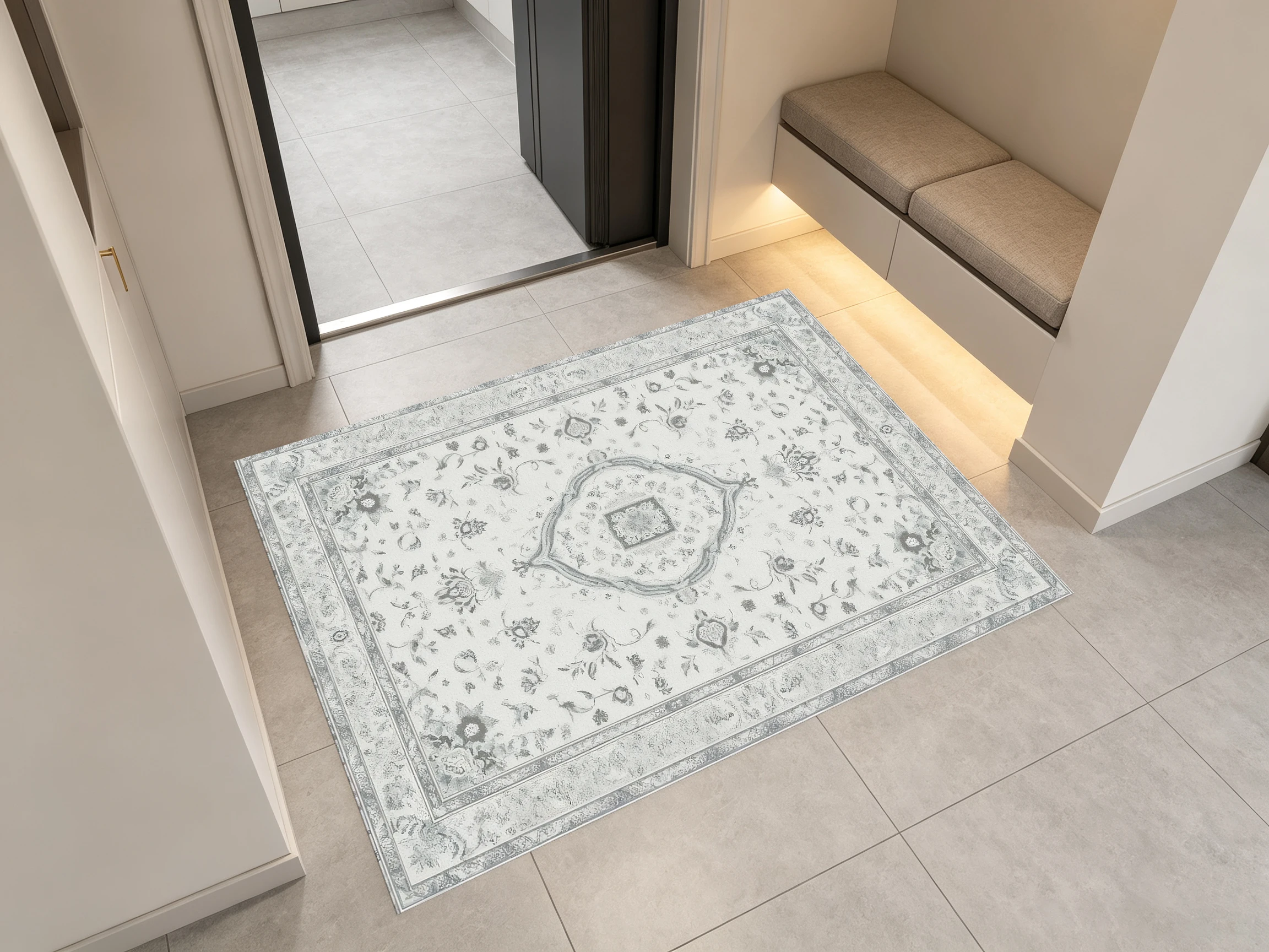 2D Velvet Rug, Light Gray, Retro European Pattern, Soft and Skin-Friendly, Suitable for Living Room and Bedroom, a Great