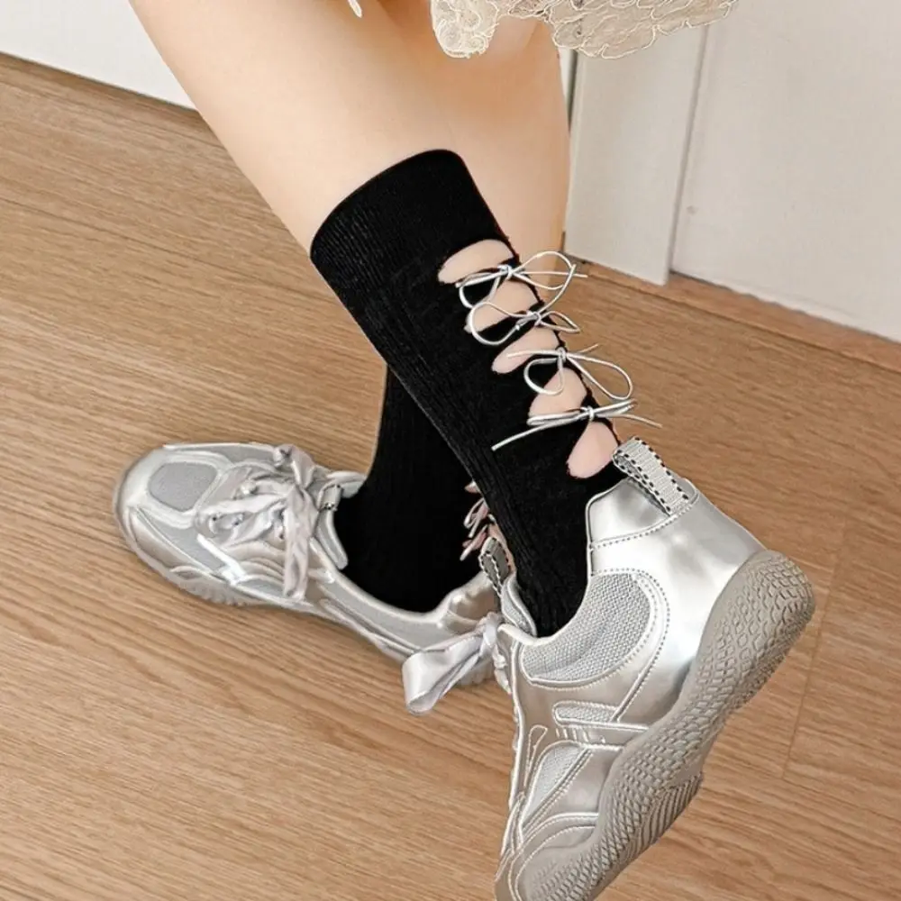 

Fashion Sweet Cotton Socks for Women Solid Color Hollow Out Mid Calf Socks Ballet Style Mid Tube Ripped Lacing Socks Summer