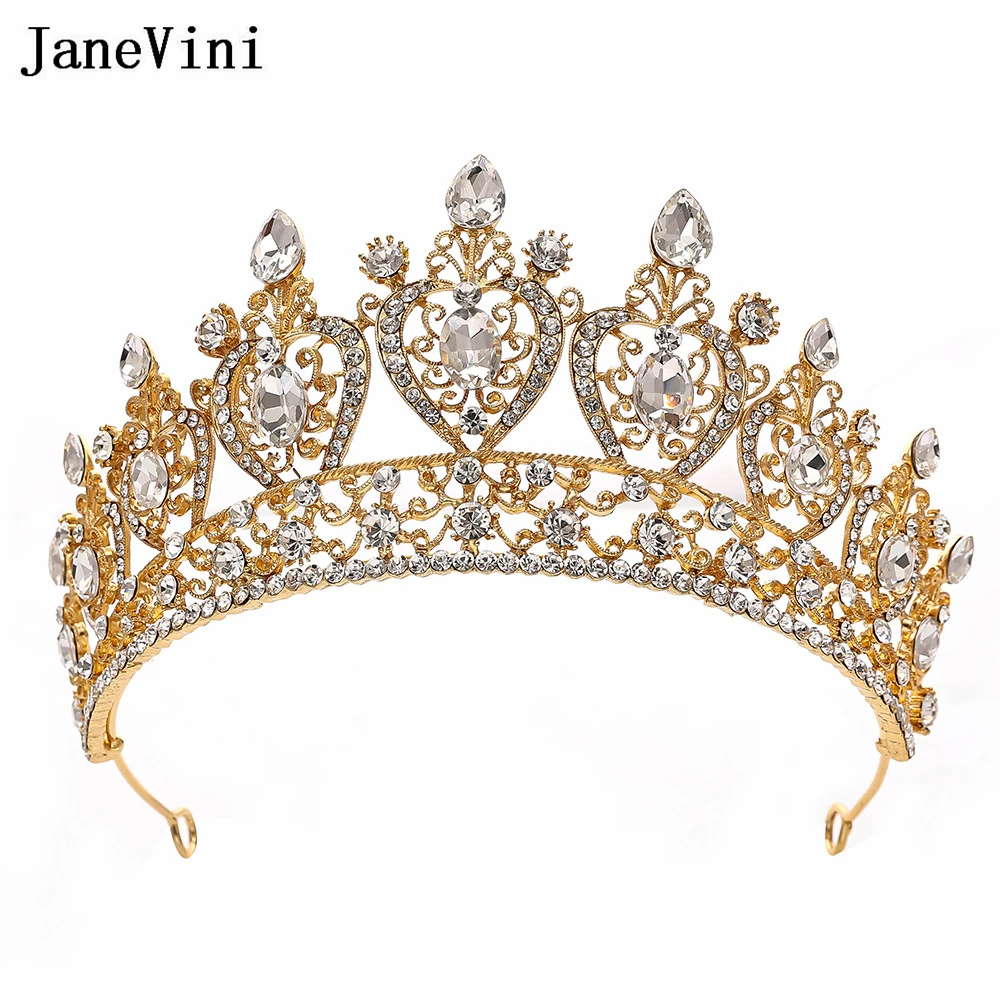 JaneVini Luxury Gold Rhinestone Crystal Bridal Tiaras Crowns Baroque Crystal Pageant Prom Bride Headbands Wedding Party Crown