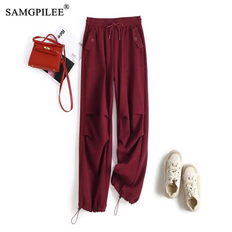 

Pants For Women 2023 Autumn Overalls Elastic Waist Knee Pleats Solid Drape Elastic Waist Cuffs Casual Trousers Woman Clothing