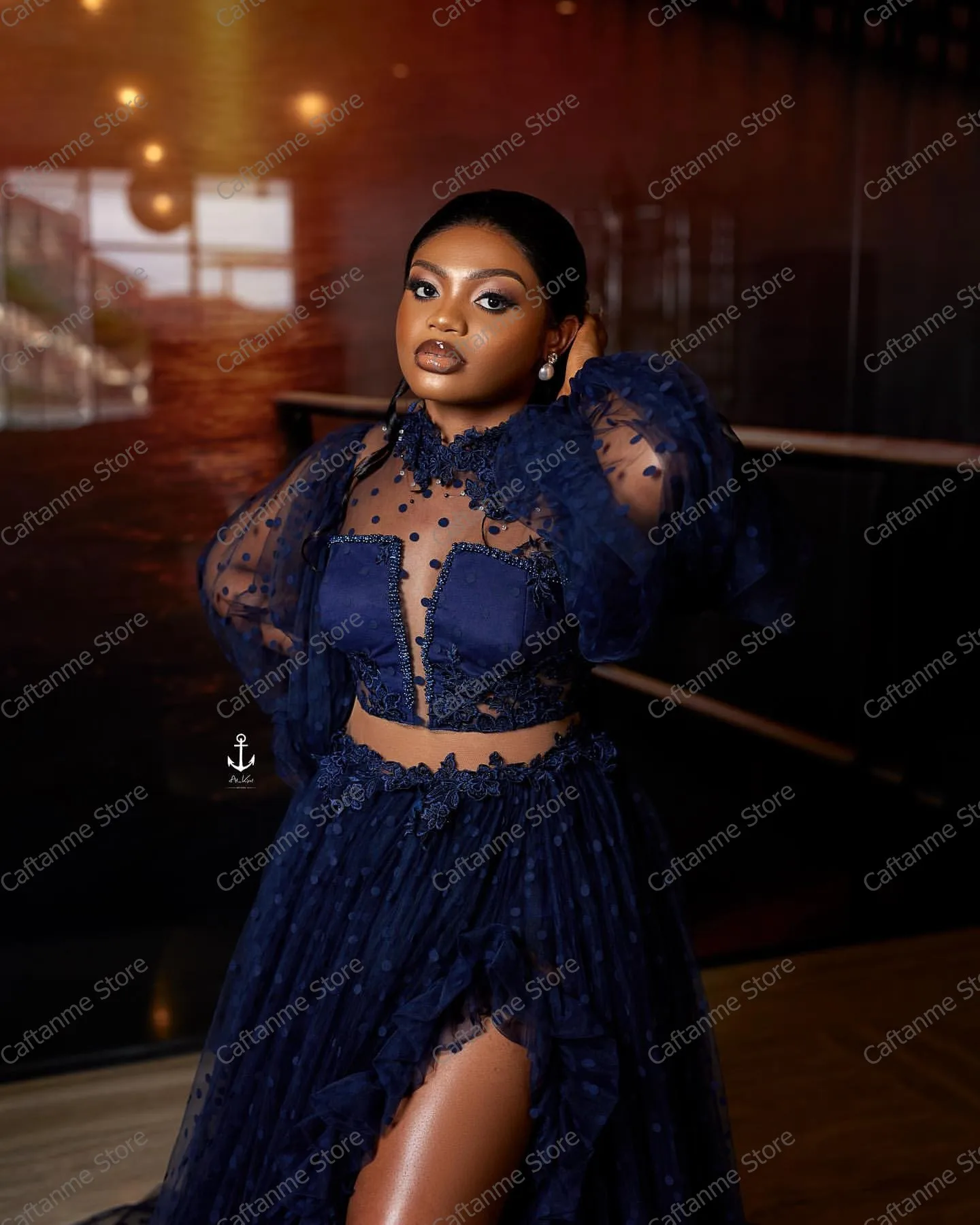 Charm Navy Blue Sheer Illusion Lace Prom Dresses Aso Ebi Polka Dots Latern Sleeve Africa Women Dress Side Slit Ruffled Evening G